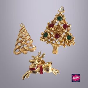 3 - Goldtone Rhinestone Vintage Avon Holiday Pin Brooches - 80-90s - Never Worn